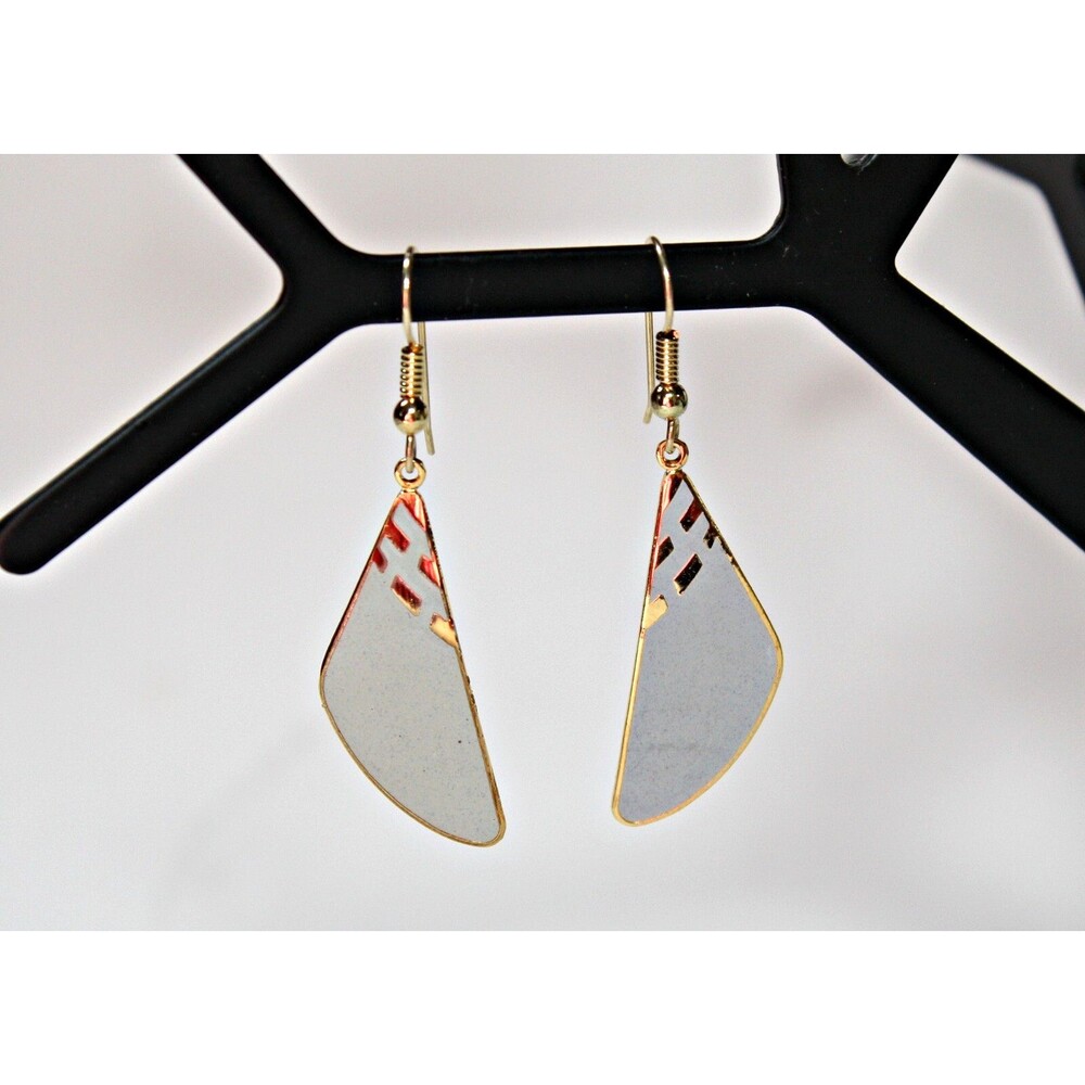 Vintage NEW SAMUEL HUANG Earrings Gold Filled Hook Gray Enamel Dangling ESTATE